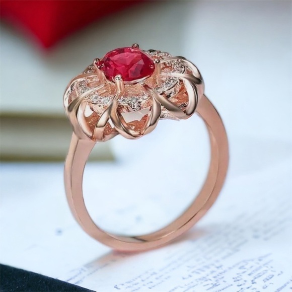 18k Rose Gold Plated Colorful Gemstone Ring Crystal Ruby inlaid Halo Design - Picture 3 of 7
